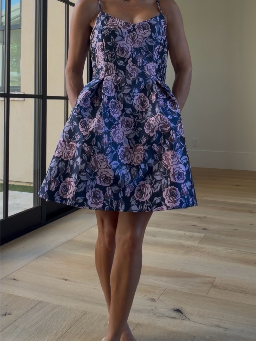 Floral Fit & Flare Spaghetti Strap Dress - purple with Pink Roses